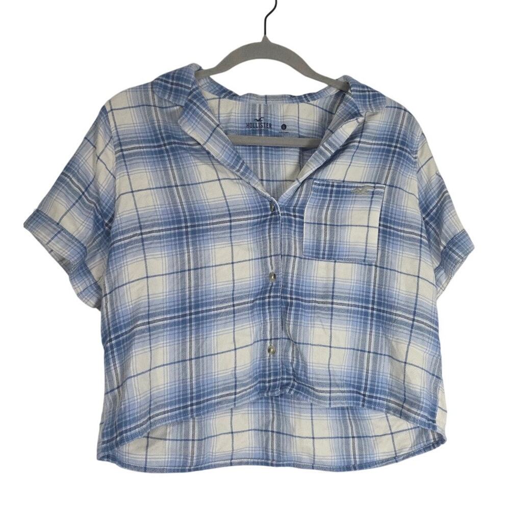 Hollister Co Blue White Plaid Cropped Button Down Shirt Women's Small Y2K Layer